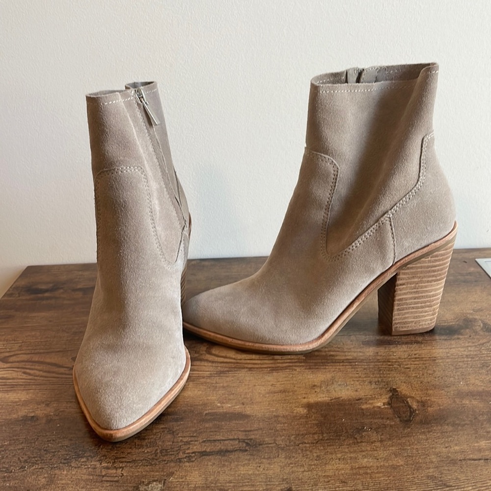 Taupe pointed toe suede ankle boots